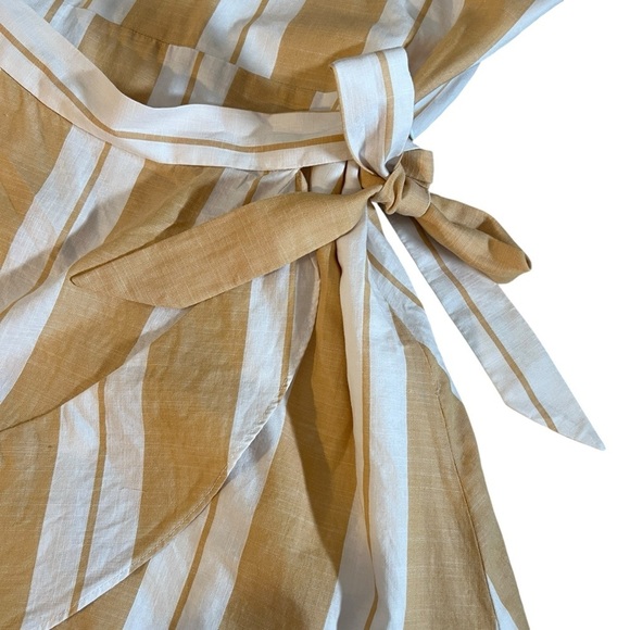 Express Cotton Ruffle Flare Sleeve Wrap Dress in Tan + White Stripes Size Small - Picture 6 of 10